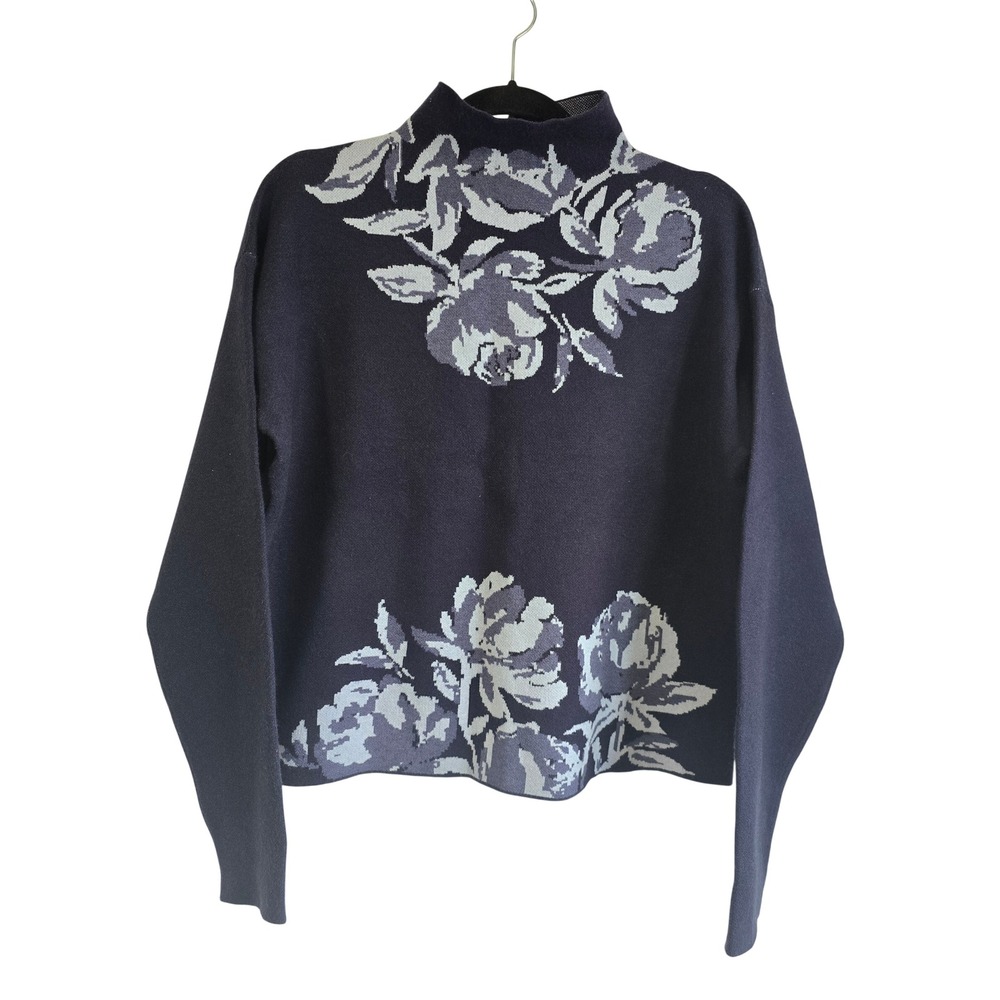 Joie Navy Blue Floral Intarsia Mock Neck Sweater Womens Large Rose Knit Top